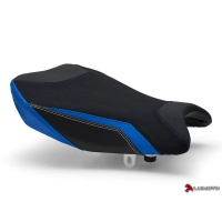 Couvre selle team suzuki pilote luimoto suzuki gsxr 1000 (17-18 ) noir et bleu avec coutures balnches et or