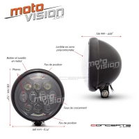 Phare universel noir et chromé en métal 15,6 cm, position/phare