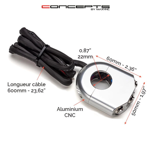 Commodo 22mm aluminium cnc 1 on/off - 2 poussoirs