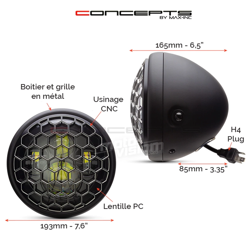 Phare avant led 7,7" phare et code honeycomb grill