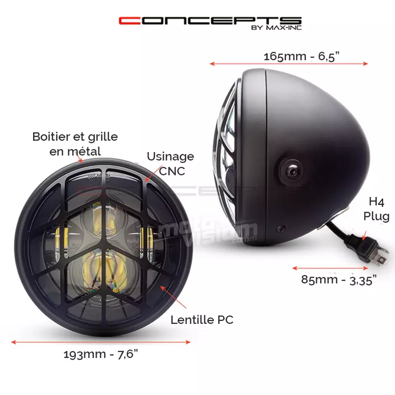 Phare avant led 7,7" phare et code spyder grill