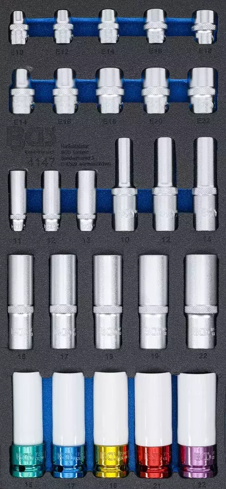 Insert servante 1/3 : douilles, six pans, longue 11 - 22mm profil e, e10 - e22 6,3mm (1/4") / 10mm (3/8") / 12,5mm (1/2") 26 pcs bgs