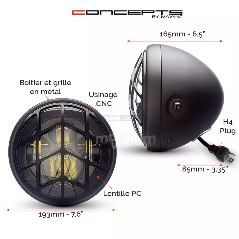 Phare avant led 7,7" phare et code spyder grill
