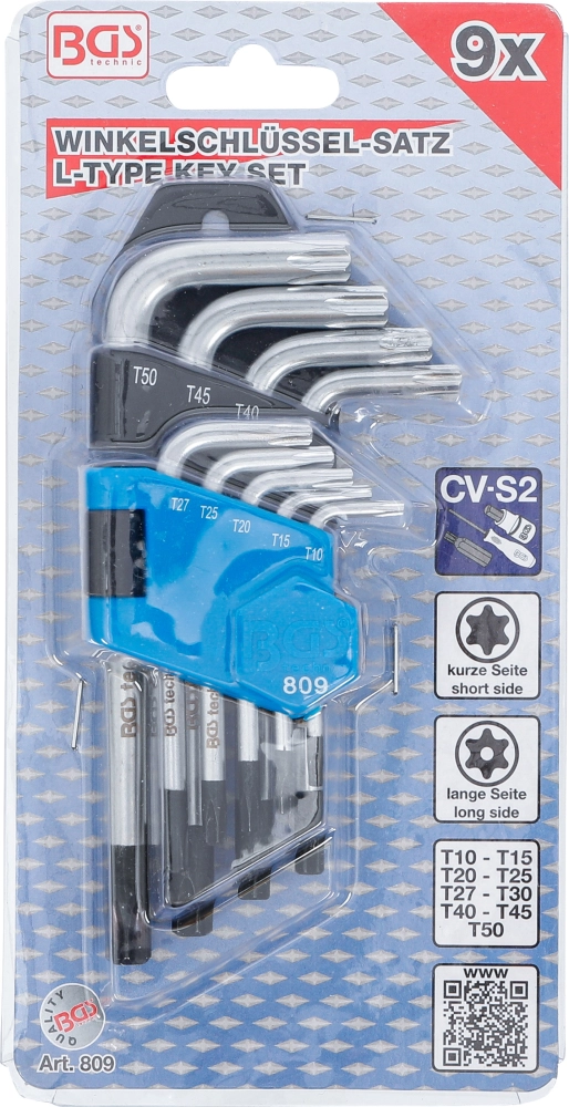 Jeu de clés allen bgs| courtes | profil t (pour torx) avec perçage t10 - t50 | 9 pièces